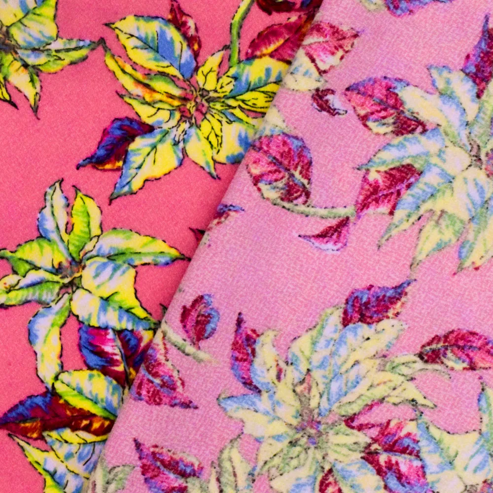 Kiss Pink-Yellow-Multi Leaves Printed Polyester Dobby Crepe Woven Fabric