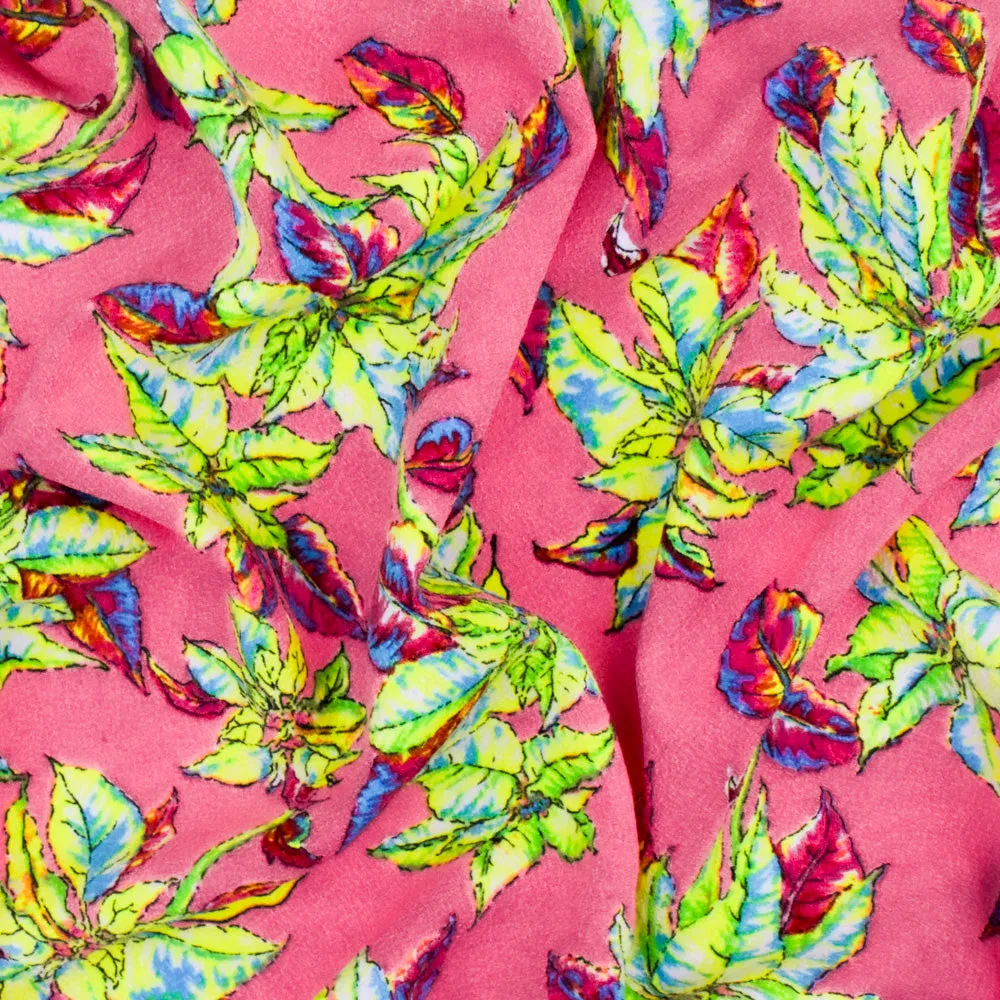 Kiss Pink-Yellow-Multi Leaves Printed Polyester Dobby Crepe Woven Fabric