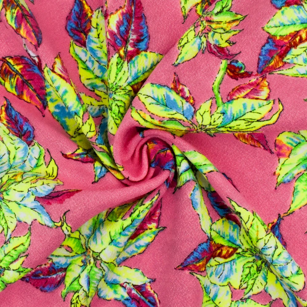 Kiss Pink-Yellow-Multi Leaves Printed Polyester Dobby Crepe Woven Fabric