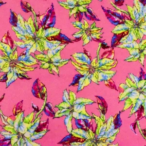 Kiss Pink-Yellow-Multi Leaves Printed Polyester Dobby Crepe Woven Fabric