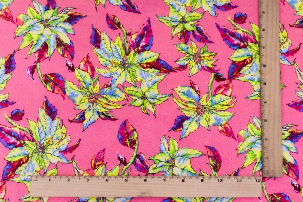 Kiss Pink-Yellow-Multi Leaves Printed Polyester Dobby Crepe Woven Fabric