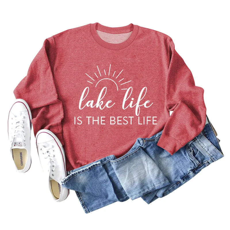 Lake Life Is Letter Loose Women's Large Casual Long Sleeve Sweater Women's