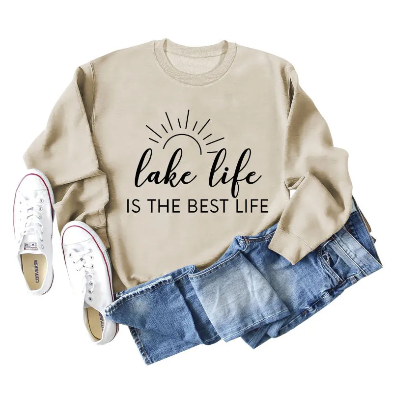 Lake Life Is Letter Loose Women's Large Casual Long Sleeve Sweater Women's