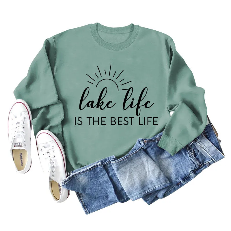 Lake Life Is Letter Loose Women's Large Casual Long Sleeve Sweater Women's