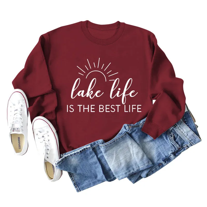 Lake Life Is Letter Loose Women's Large Casual Long Sleeve Sweater Women's