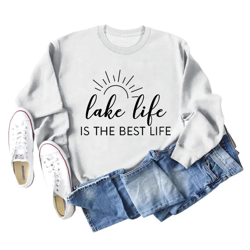 Lake Life Is Letter Loose Women's Large Casual Long Sleeve Sweater Women's