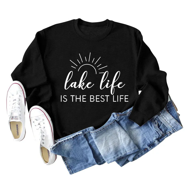 Lake Life Is Letter Loose Women's Large Casual Long Sleeve Sweater Women's