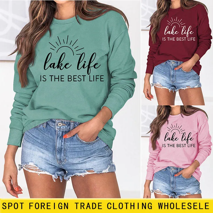 Lake Life Is Letter Loose Women's Large Casual Long Sleeve Sweater Women's