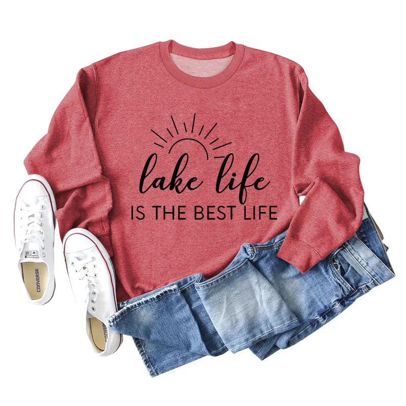 Lake Life Is Letter Loose Women's Large Casual Long Sleeve Sweater Women's