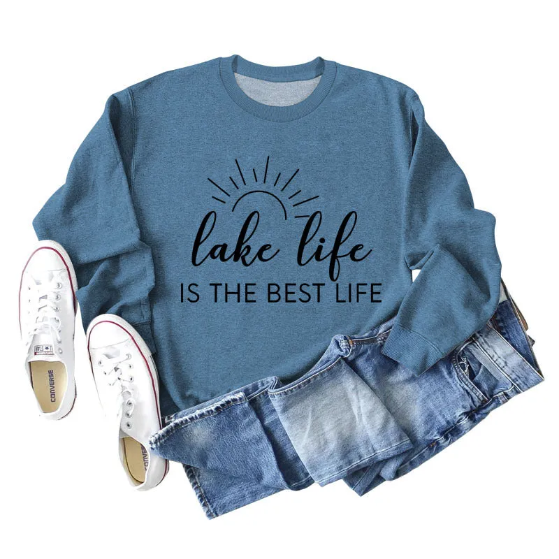 Lake Life Is Letter Loose Women's Large Casual Long Sleeve Sweater Women's