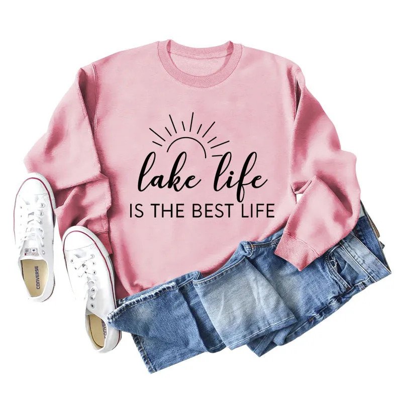 Lake Life Is Letter Loose Women's Large Casual Long Sleeve Sweater Women's