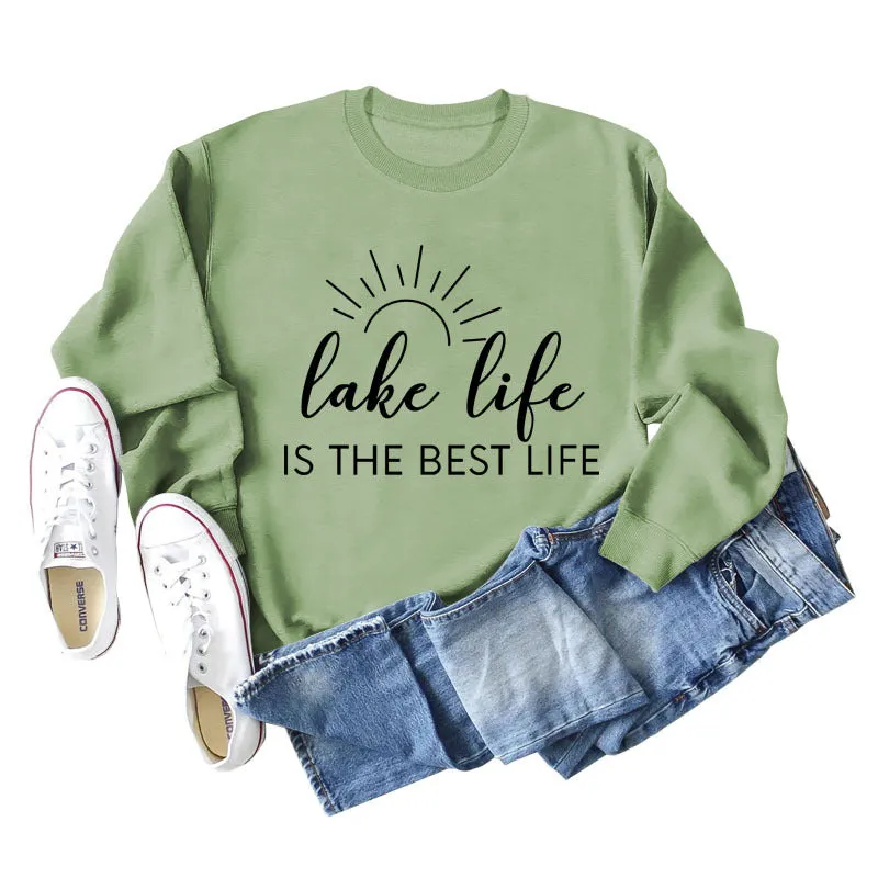 Lake Life Is Letter Loose Women's Large Casual Long Sleeve Sweater Women's