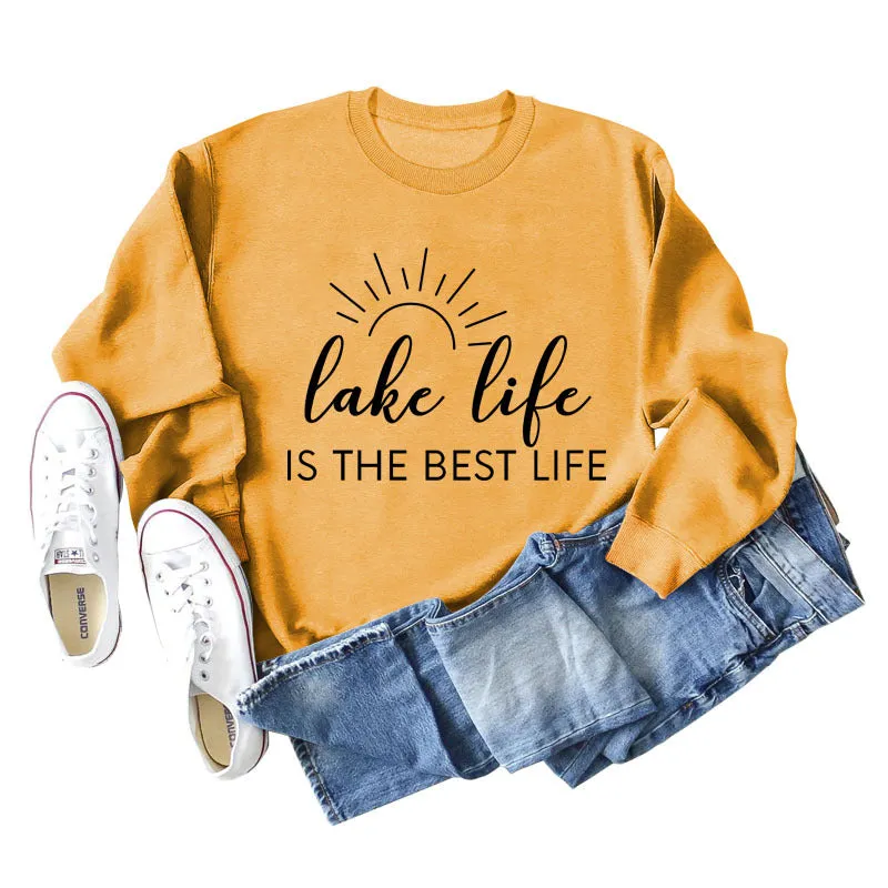 Lake Life Is Letter Loose Women's Large Casual Long Sleeve Sweater Women's