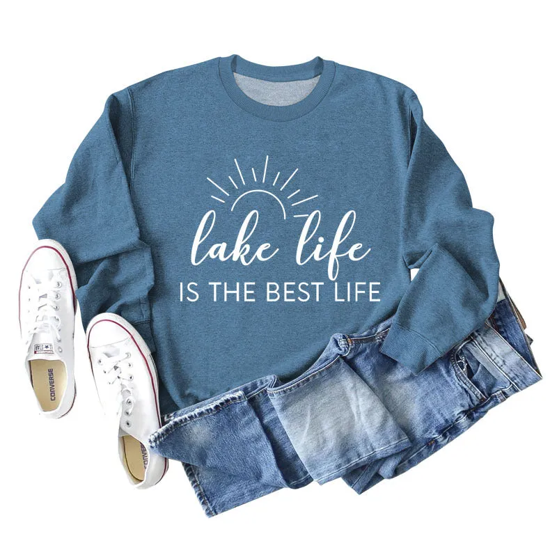 Lake Life Is Letter Loose Women's Large Casual Long Sleeve Sweater Women's