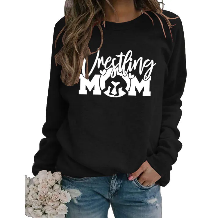 Large Long Sleeve Wrestling Mom Letter Fashion Round Neck Sweater