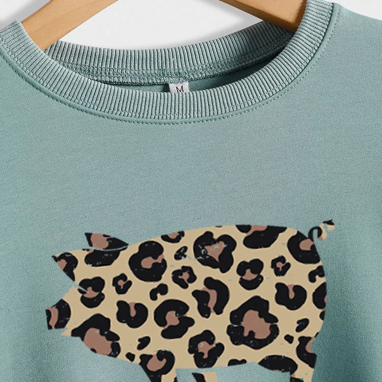 Leopard Print Pig Print Bottom Crewneck Long Sleeves Loose Sweatshirt Women