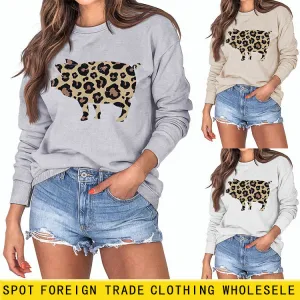 Leopard Print Pig Print Bottom Crewneck Long Sleeves Loose Sweatshirt Women