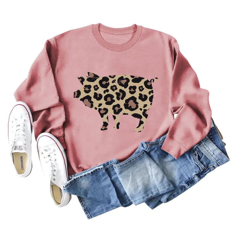 Leopard Print Pig Print Bottom Crewneck Long Sleeves Loose Sweatshirt Women