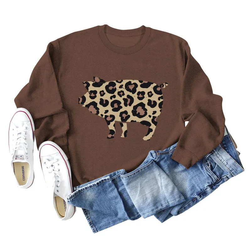 Leopard Print Pig Print Bottom Crewneck Long Sleeves Loose Sweatshirt Women