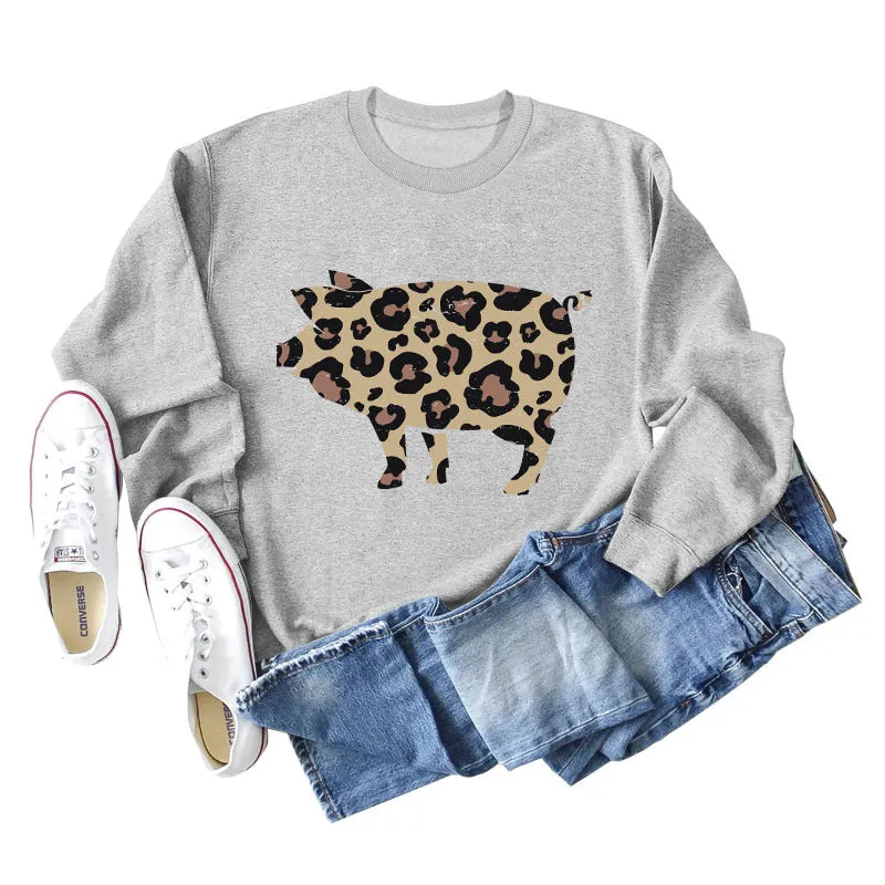 Leopard Print Pig Print Bottom Crewneck Long Sleeves Loose Sweatshirt Women