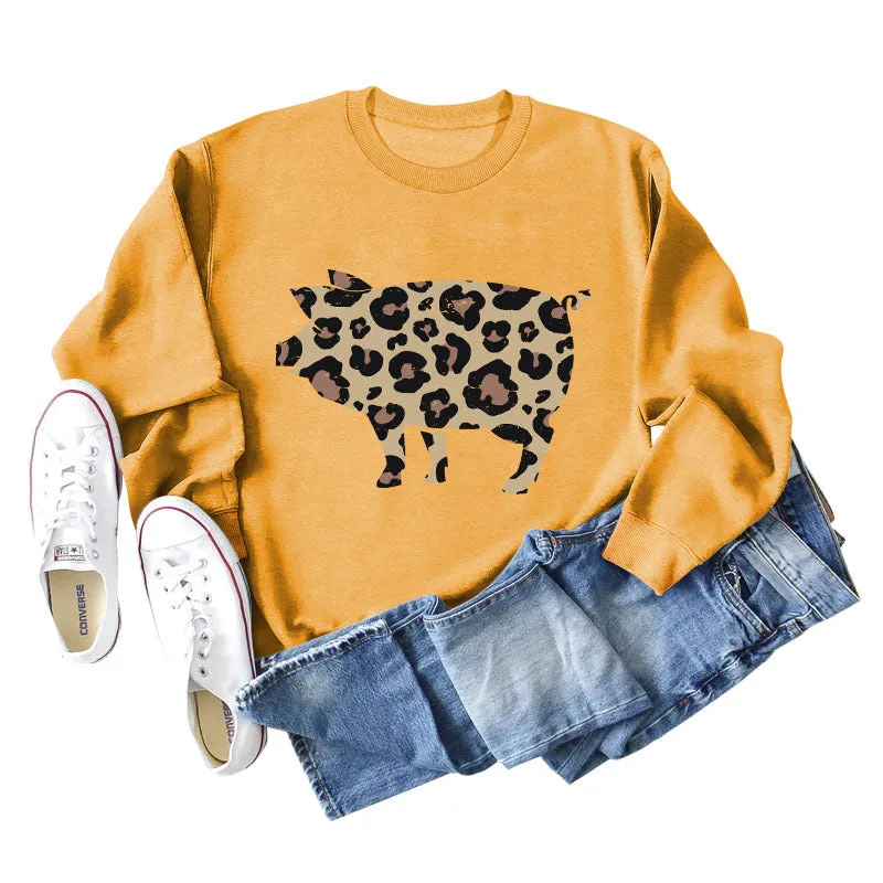 Leopard Print Pig Print Bottom Crewneck Long Sleeves Loose Sweatshirt Women