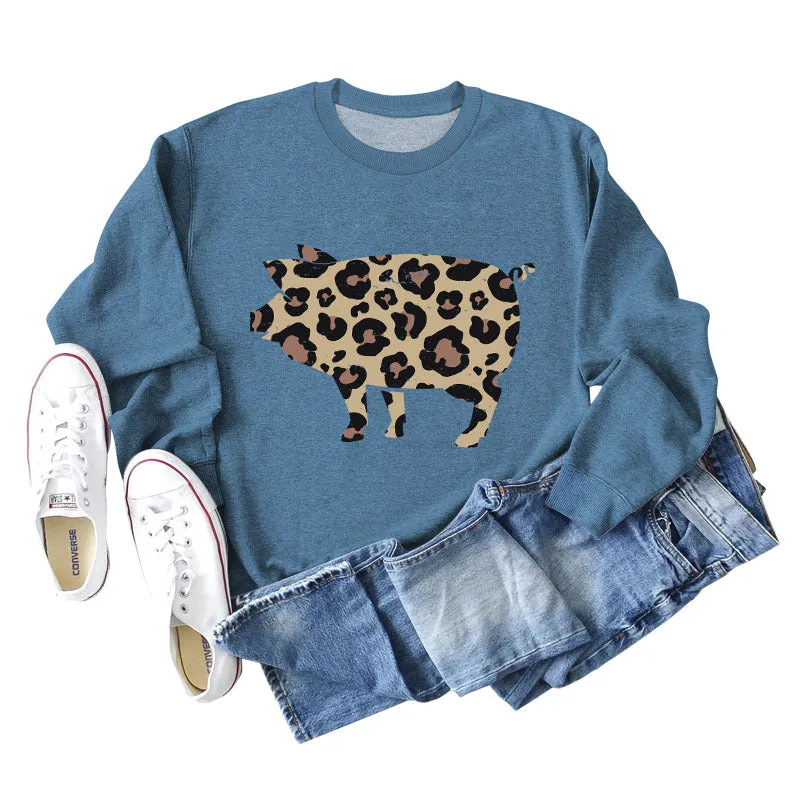 Leopard Print Pig Print Bottom Crewneck Long Sleeves Loose Sweatshirt Women