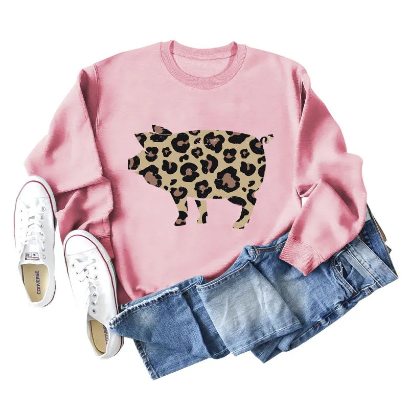 Leopard Print Pig Print Bottom Crewneck Long Sleeves Loose Sweatshirt Women