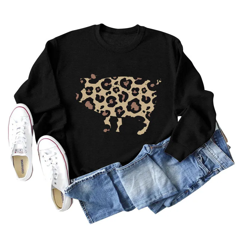 Leopard Print Pig Print Bottom Crewneck Long Sleeves Loose Sweatshirt Women