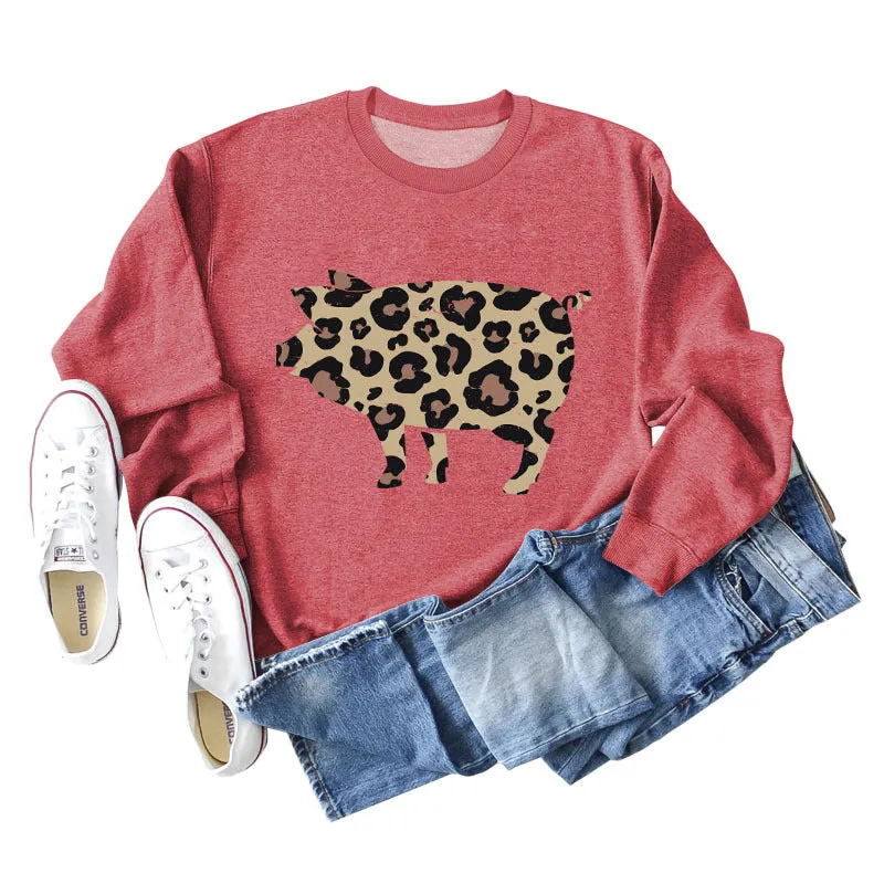 Leopard Print Pig Print Bottom Crewneck Long Sleeves Loose Sweatshirt Women