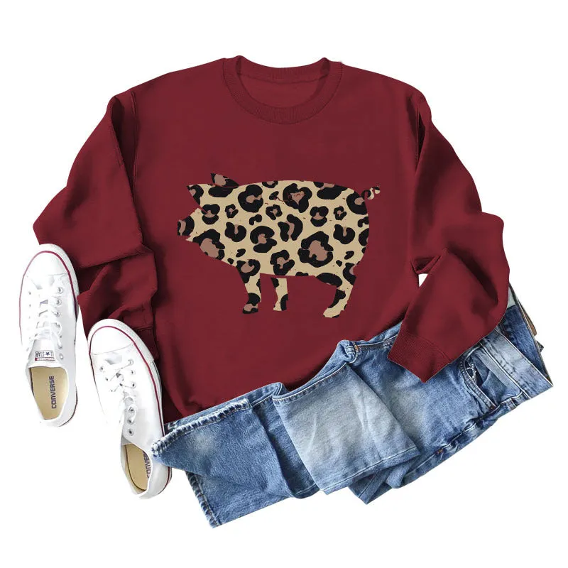 Leopard Print Pig Print Bottom Crewneck Long Sleeves Loose Sweatshirt Women