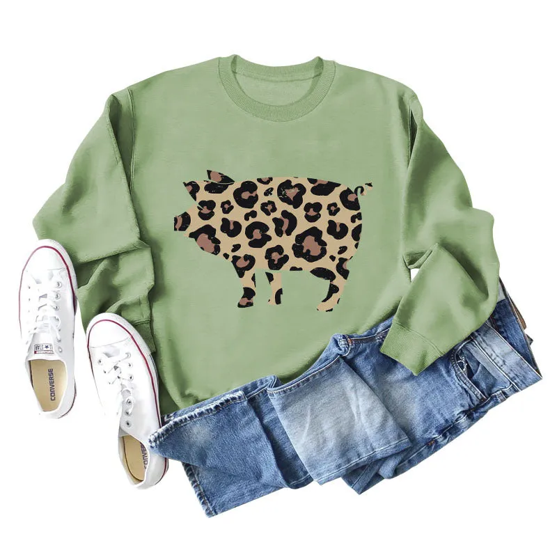 Leopard Print Pig Print Bottom Crewneck Long Sleeves Loose Sweatshirt Women