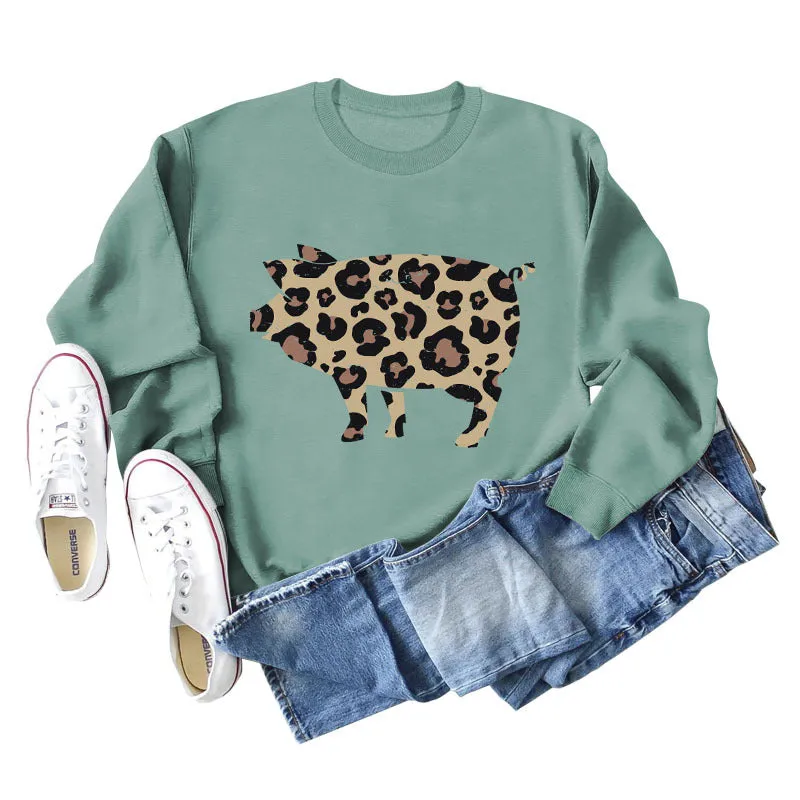 Leopard Print Pig Print Bottom Crewneck Long Sleeves Loose Sweatshirt Women