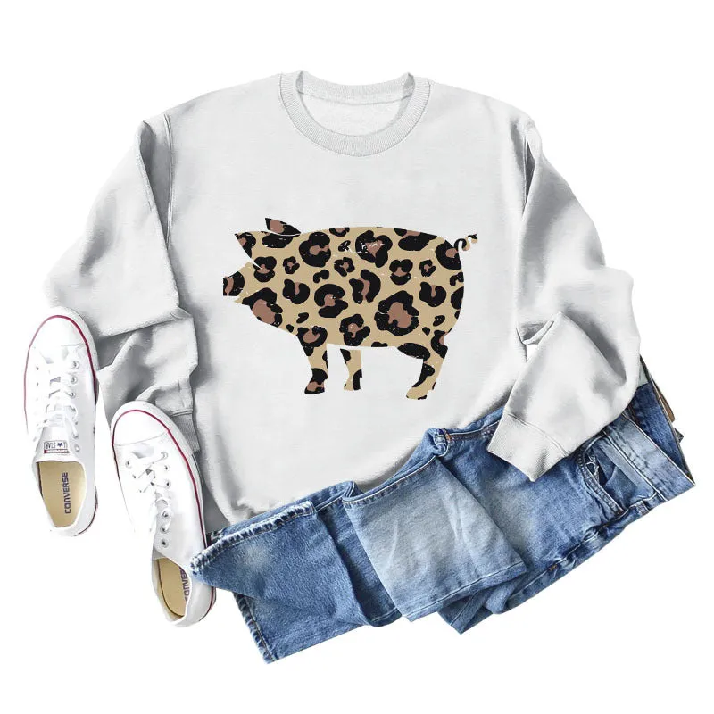 Leopard Print Pig Print Bottom Crewneck Long Sleeves Loose Sweatshirt Women