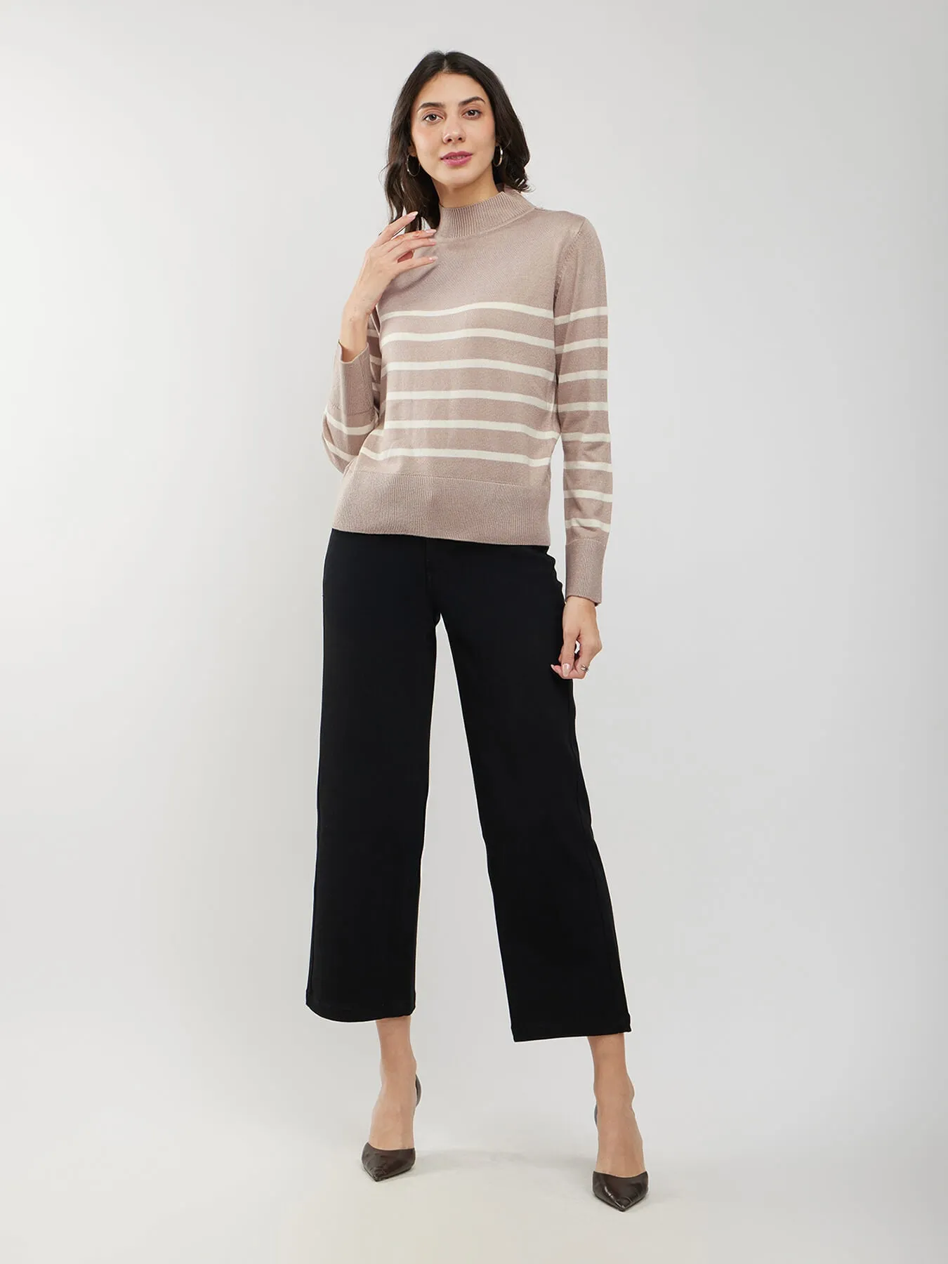 LivSoft High Neck Striped Sweater - Beige