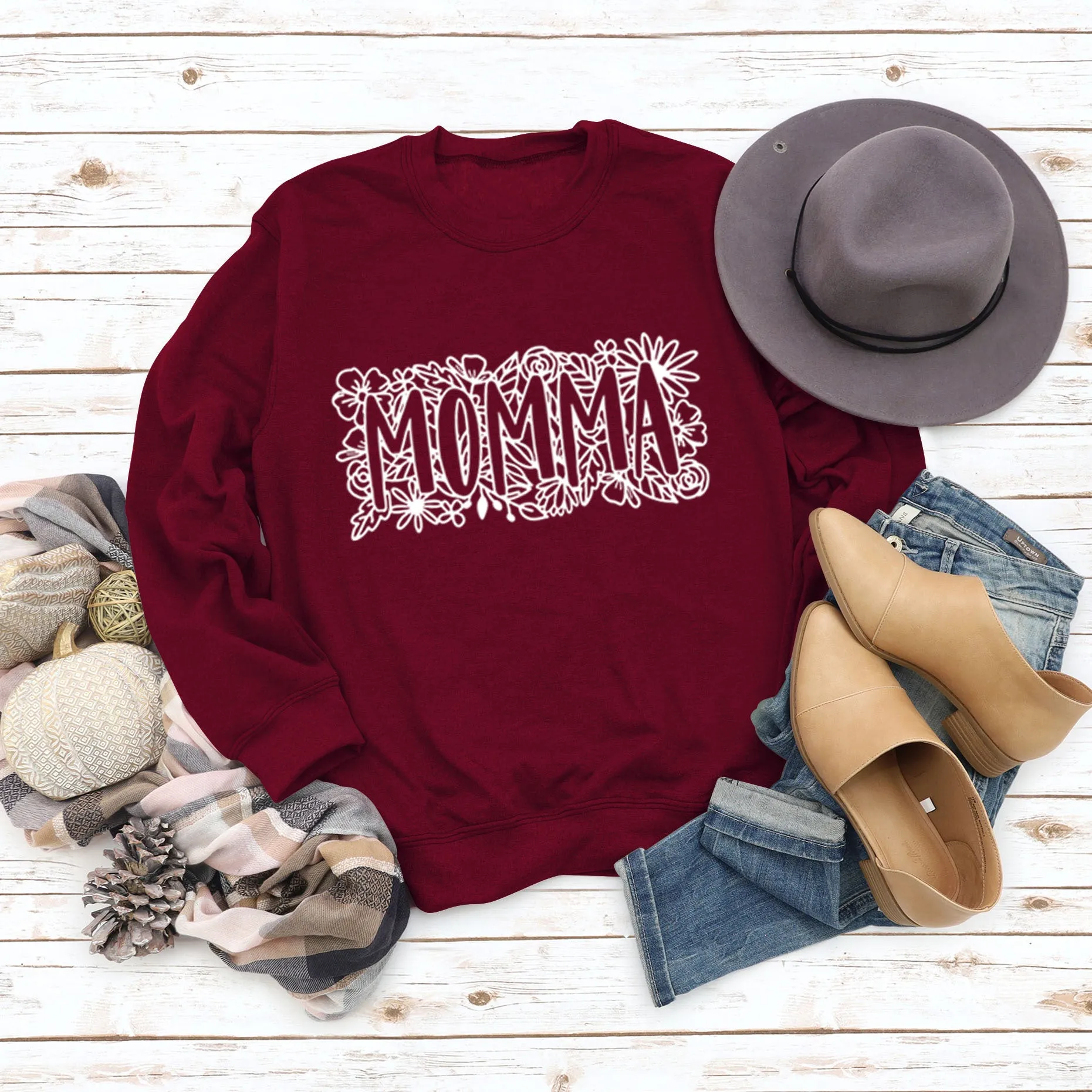 MOMMA Plant Flower Letters Long Sleeve Loose Sweater