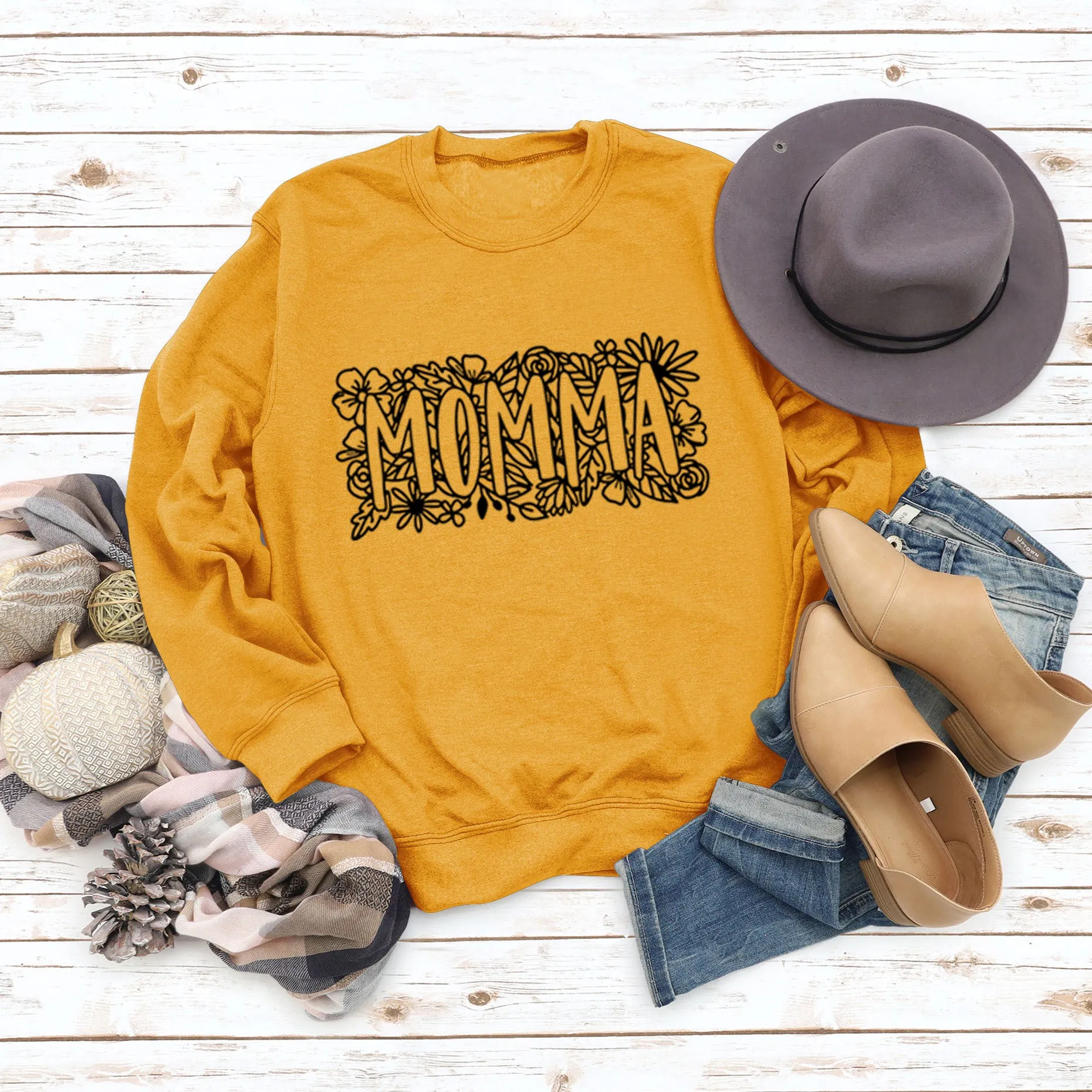 MOMMA Plant Flower Letters Long Sleeve Loose Sweater