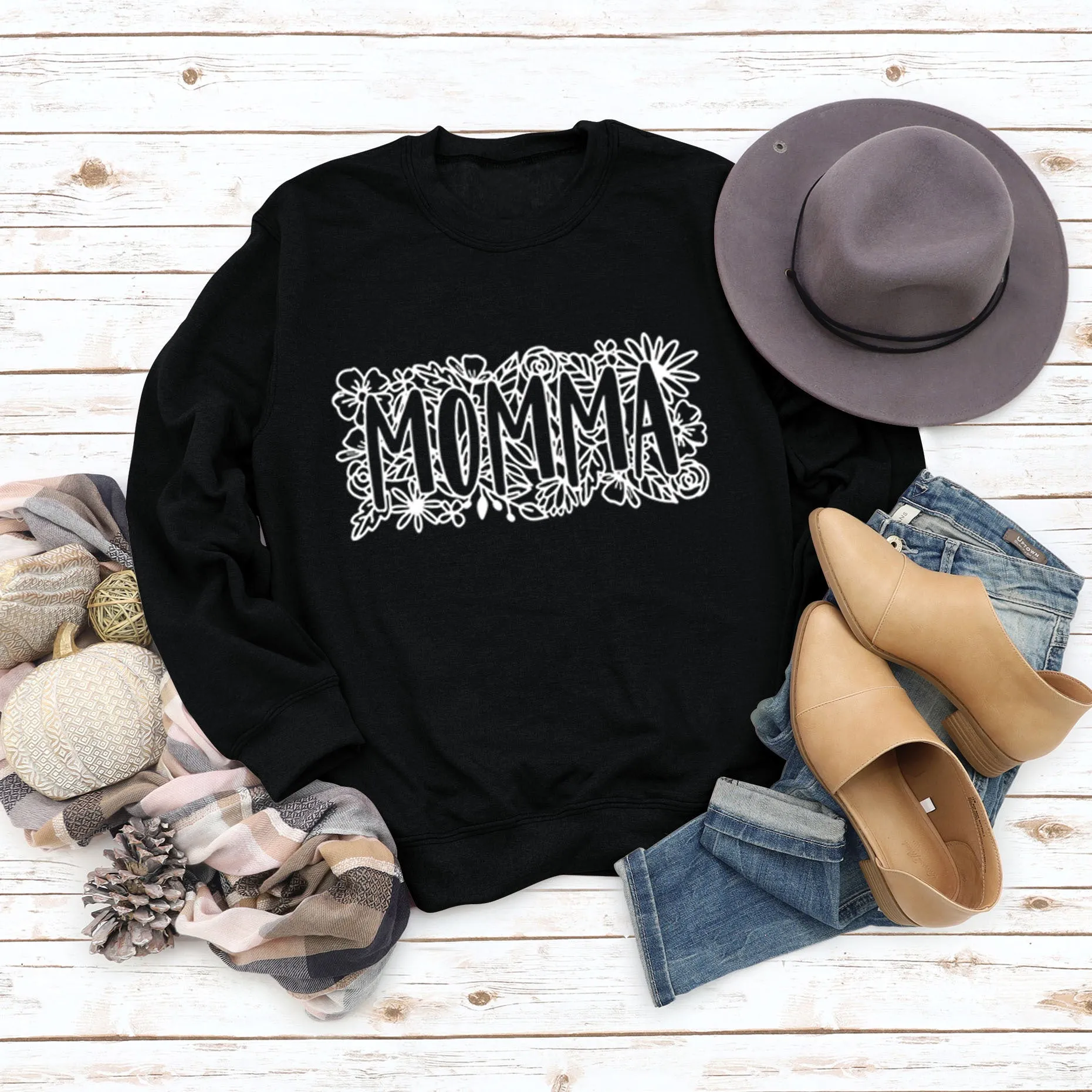 MOMMA Plant Flower Letters Long Sleeve Loose Sweater