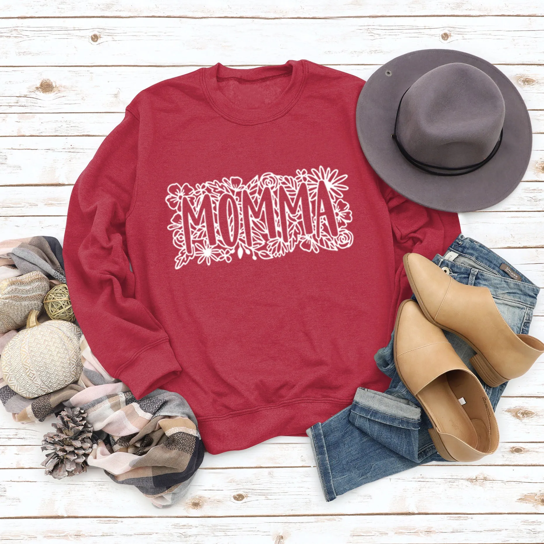 MOMMA Plant Flower Letters Long Sleeve Loose Sweater