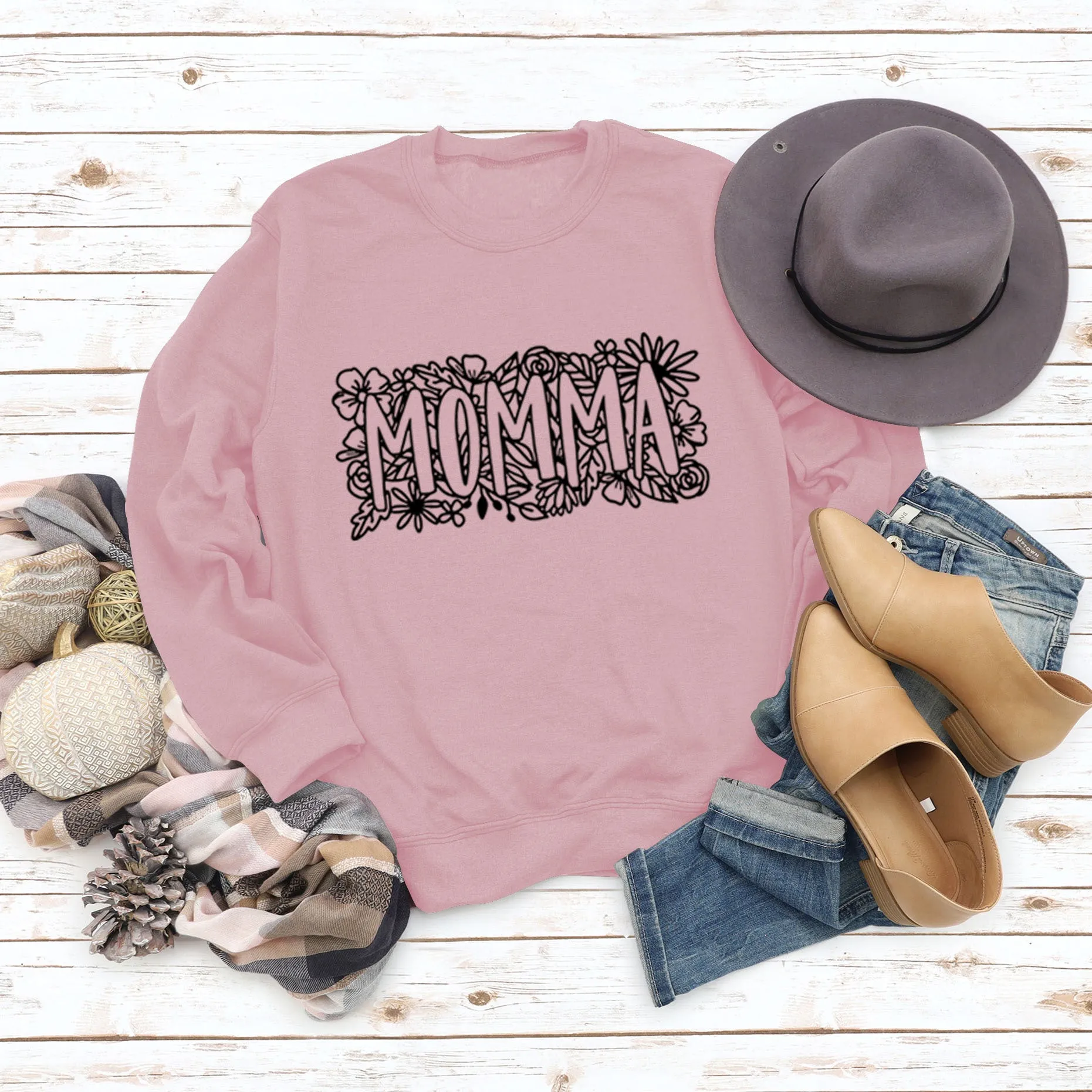 MOMMA Plant Flower Letters Long Sleeve Loose Sweater