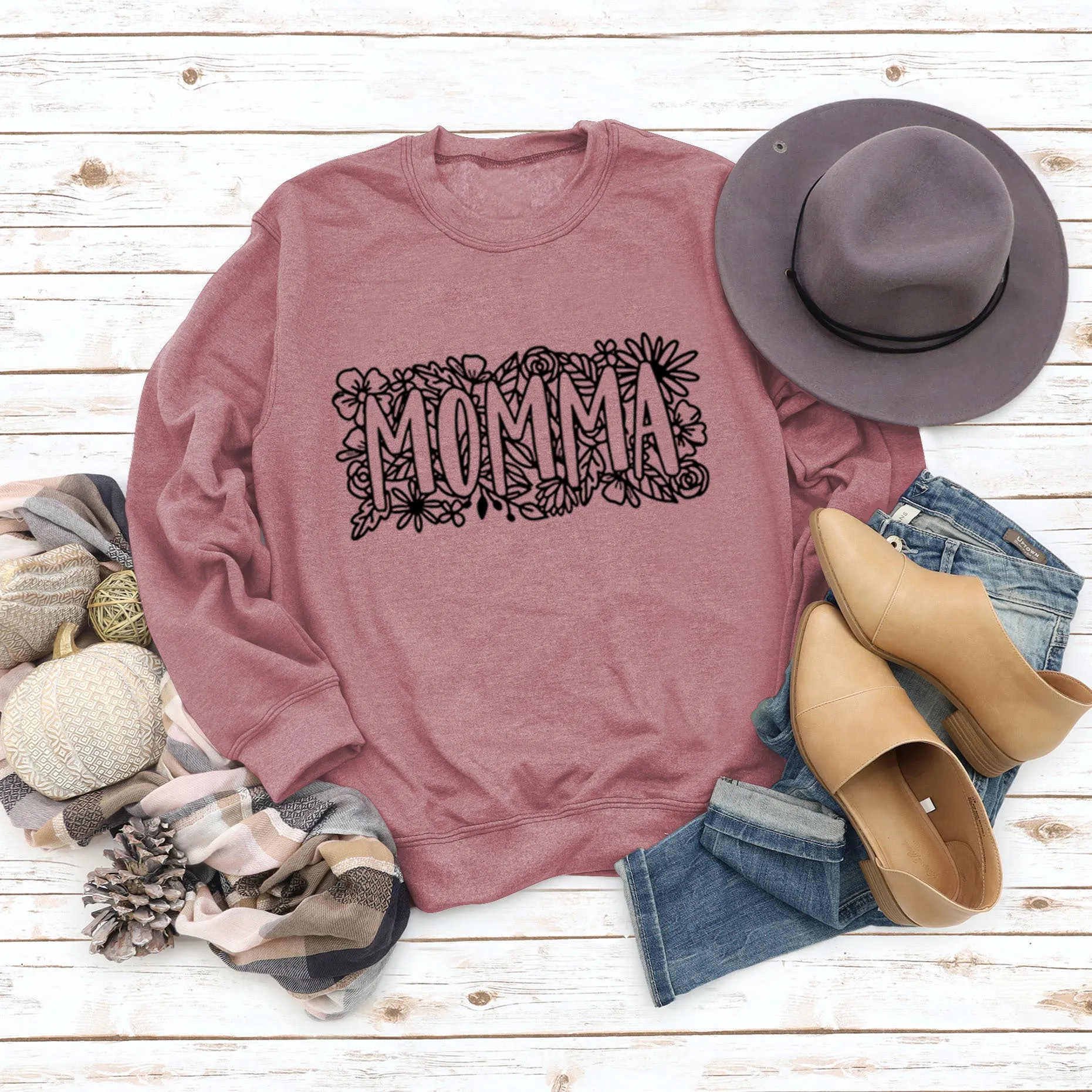 MOMMA Plant Flower Letters Long Sleeve Loose Sweater