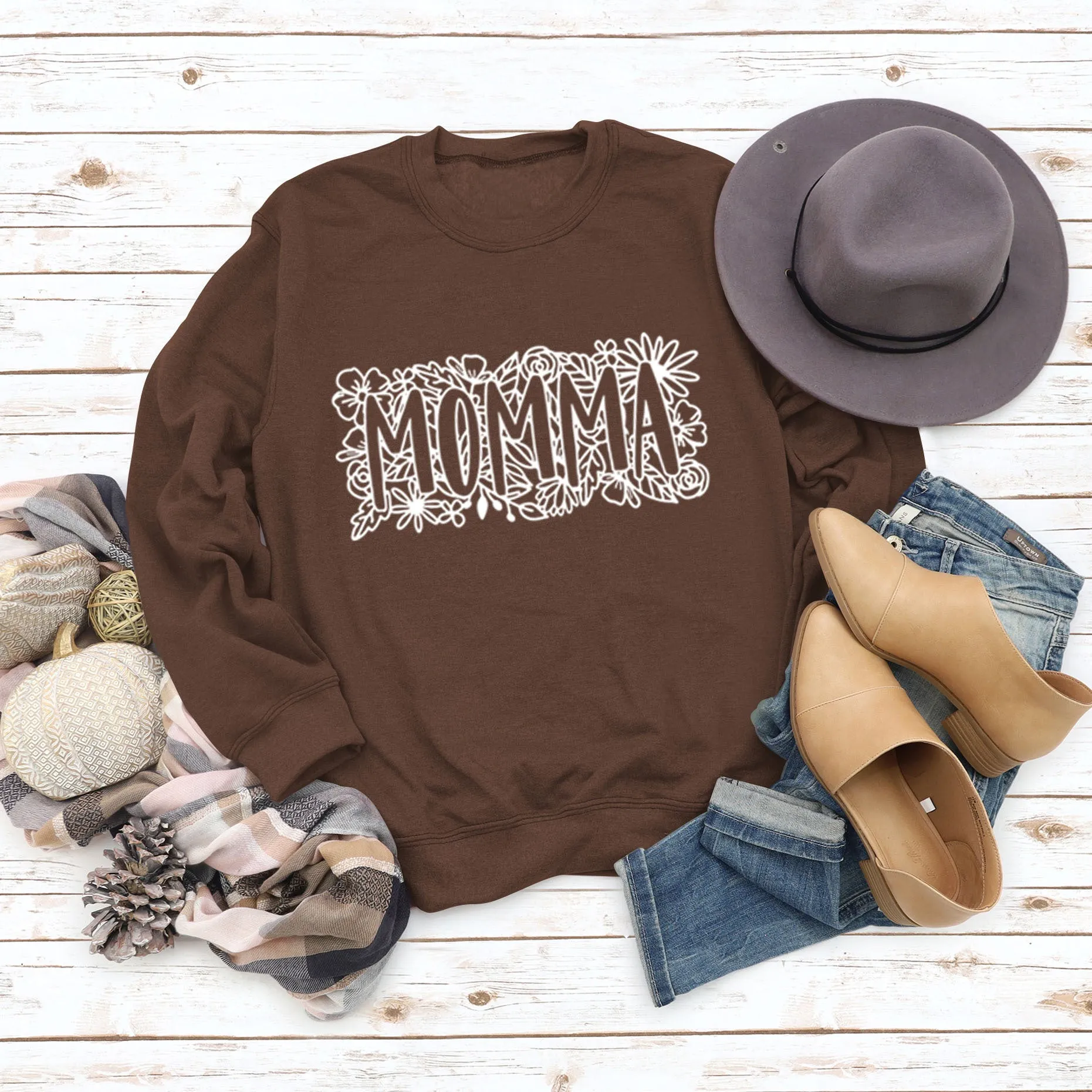 MOMMA Plant Flower Letters Long Sleeve Loose Sweater