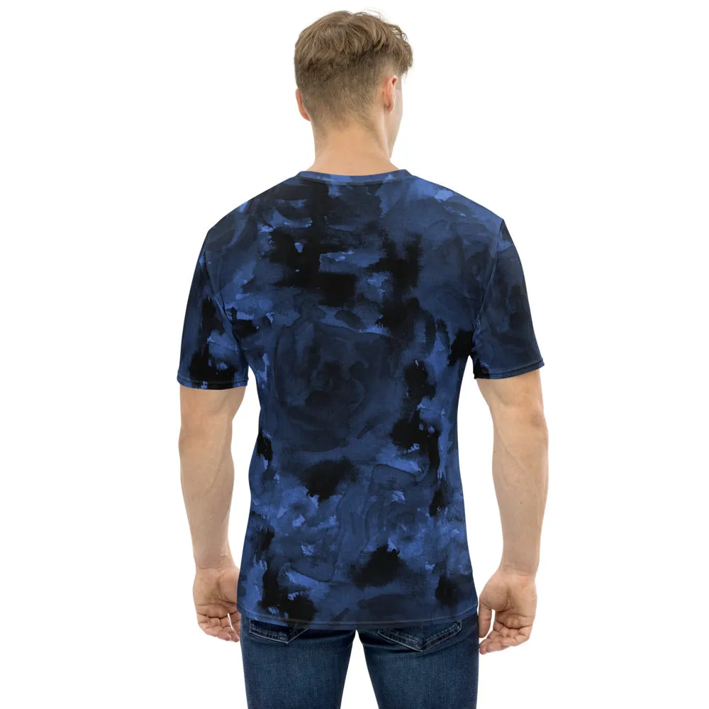 Navy Blue Abstract Men's T-shirt, Blue Abstract Dark Luxury Tee For Men-Made in USA/EU/MX