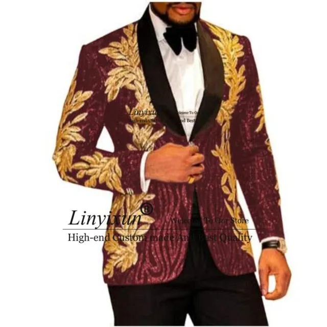 Nukty Slim Fit terno masculino Shiny Sequins Gold Applique Suits Men Prom Tuxedos Grooms Set 2 Pieces(Blazer Pants) Costume Homme