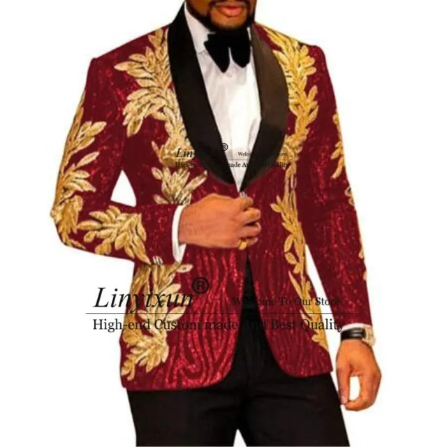 Nukty Slim Fit terno masculino Shiny Sequins Gold Applique Suits Men Prom Tuxedos Grooms Set 2 Pieces(Blazer Pants) Costume Homme