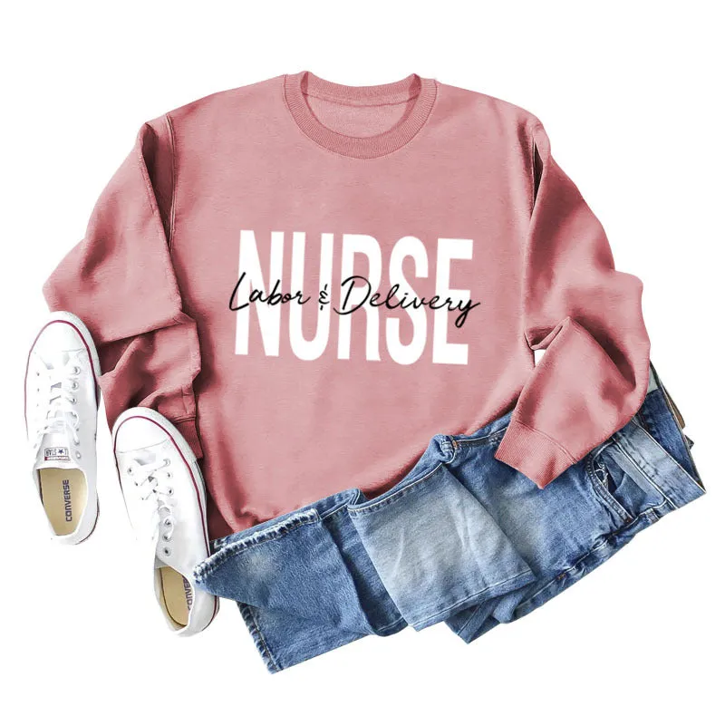 Nurse Labor Delivery Round Neck Letter Print Loose Large Long Sleeve Sweater