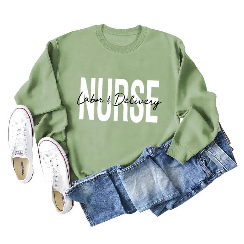 Nurse Labor Delivery Round Neck Letter Print Loose Large Long Sleeve Sweater