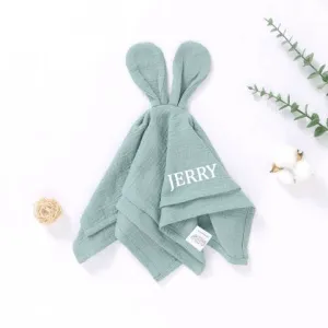 Personalised Bunny Ears Green Cotton Muslin Baby Comforter