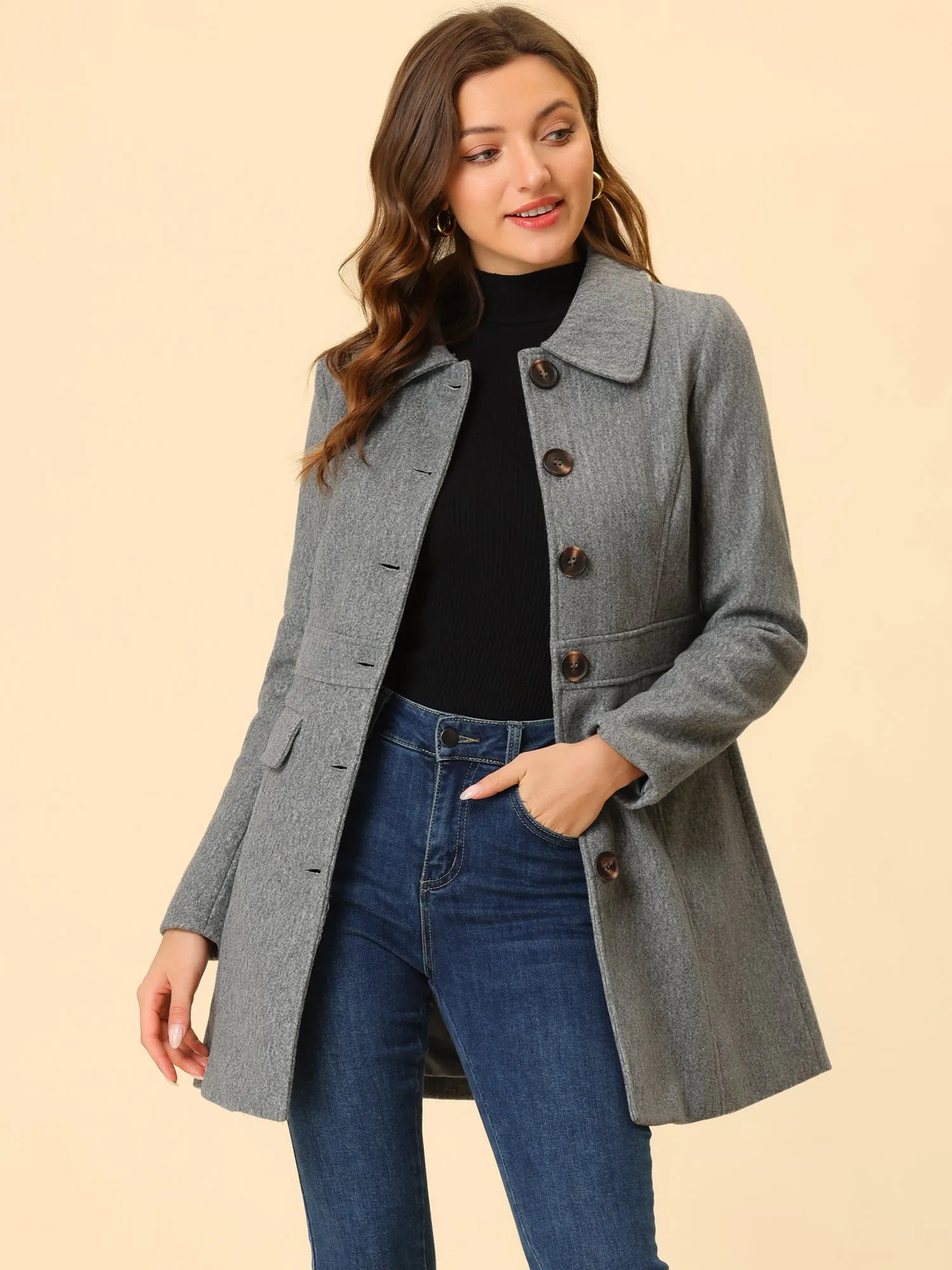 Peter Pan Collar Flap Pocket Single Breasted Button Long Coat