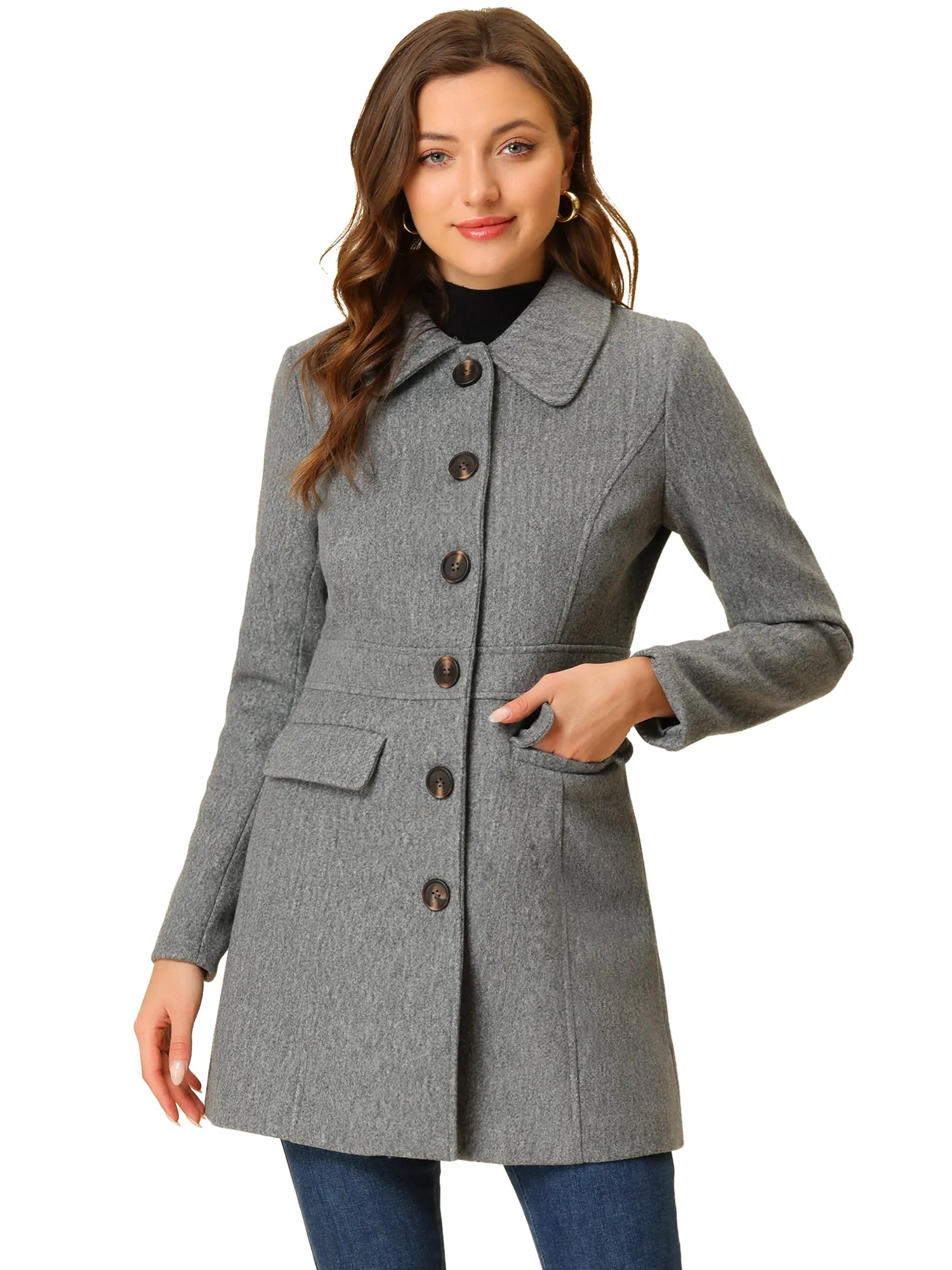 Peter Pan Collar Flap Pocket Single Breasted Button Long Coat