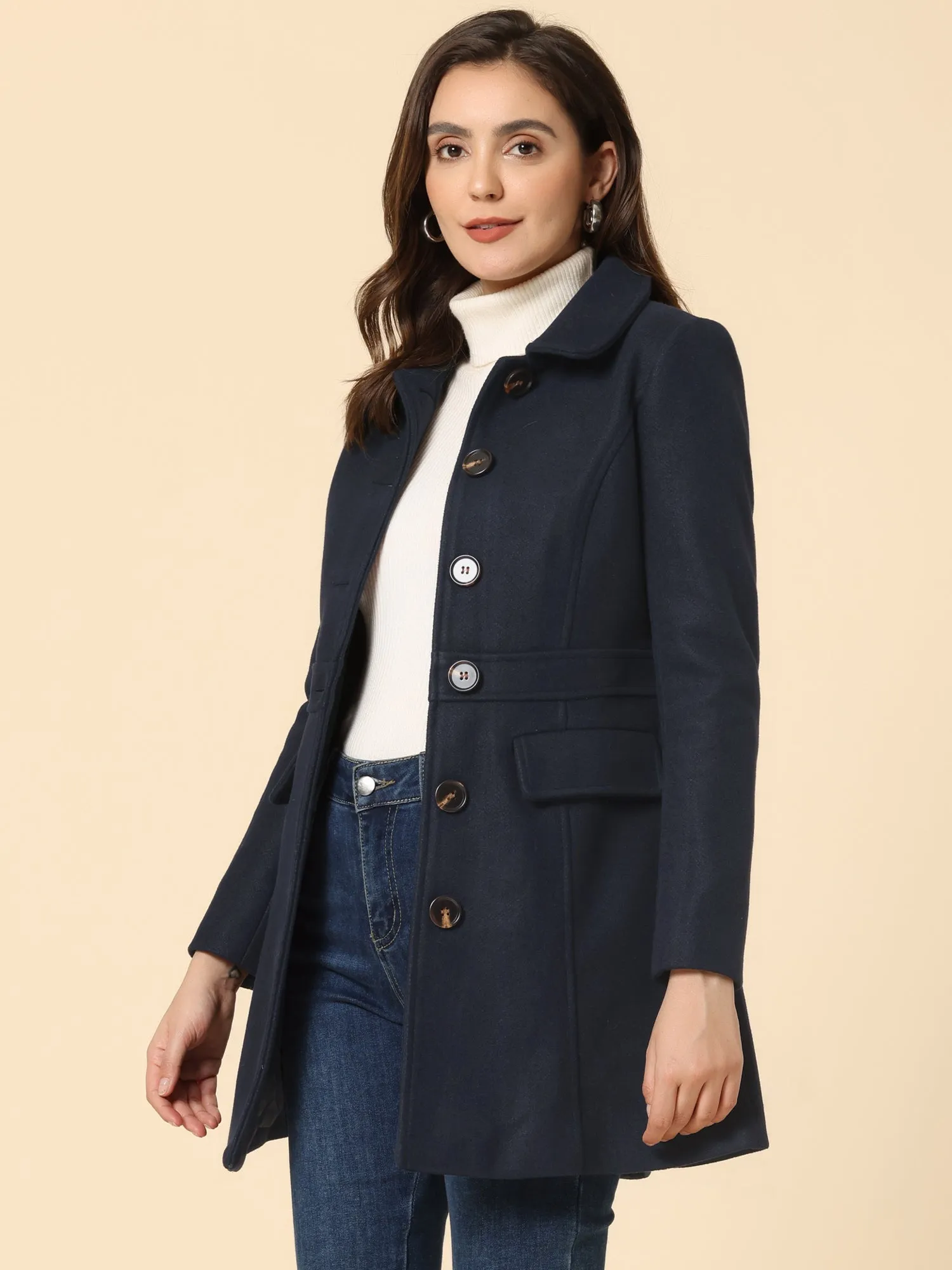 Peter Pan Collar Flap Pocket Single Breasted Button Long Coat